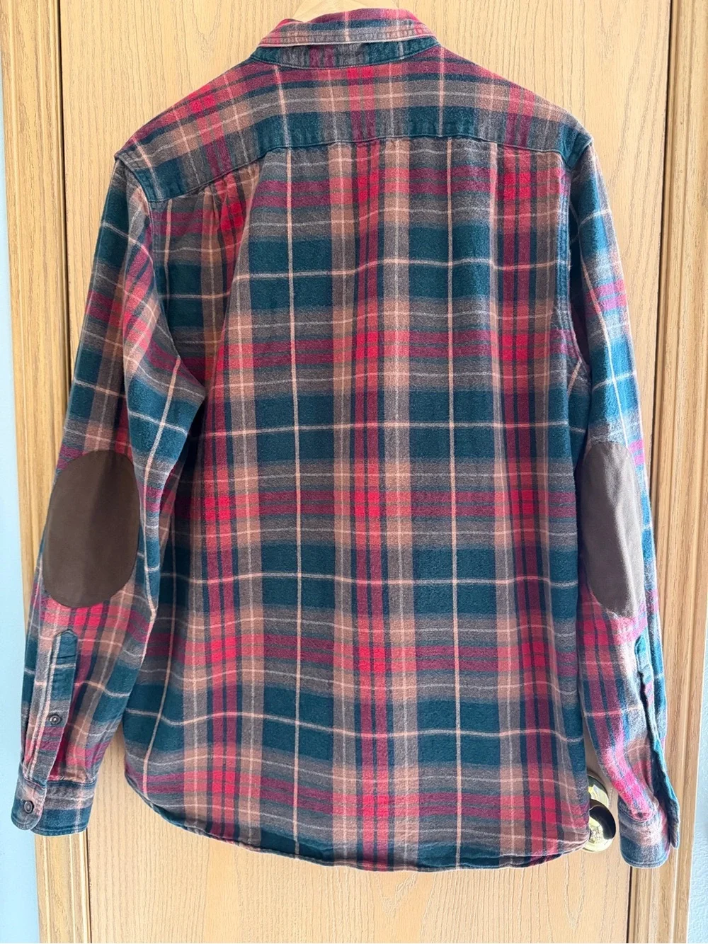J.Crew EUC Cozy Red Green Plaid Elbow Patch Button-Down Long Sleeve Men’s Size L